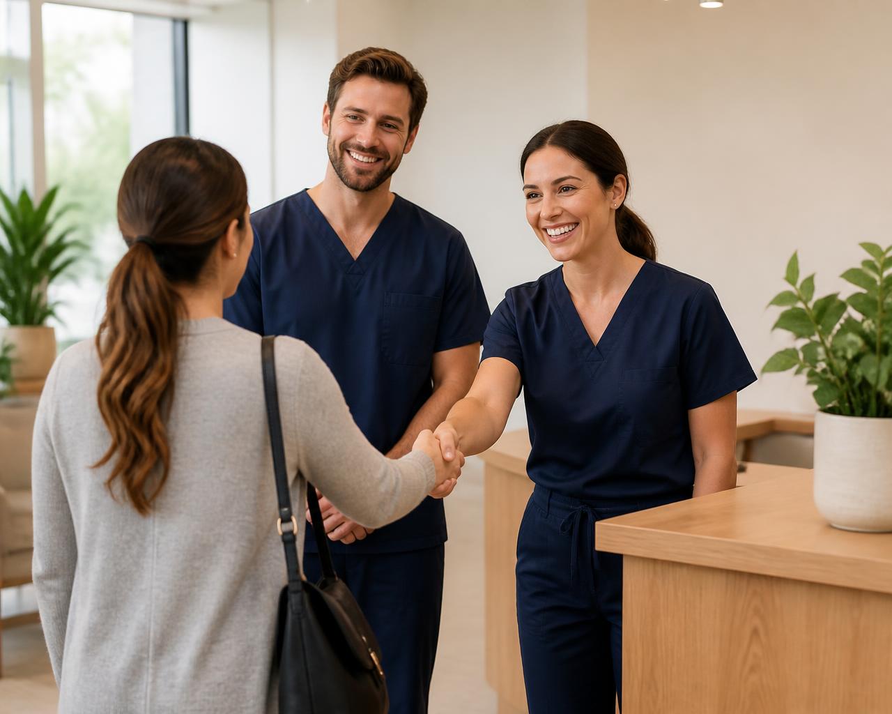 Two clinicians welcoming a patient at the clinic reception