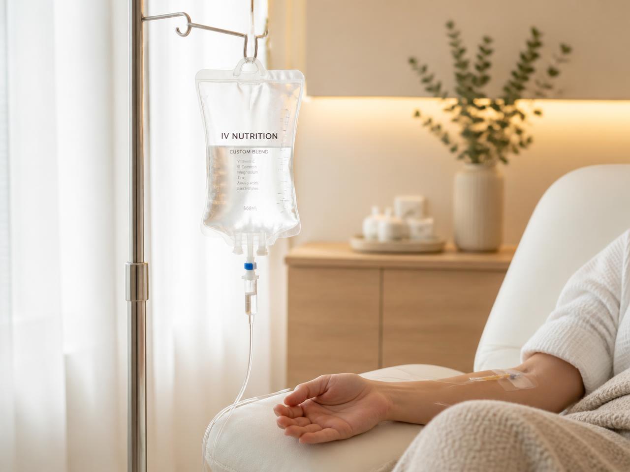 An IV nutrition bag beside a patient resting in a treatment chair
