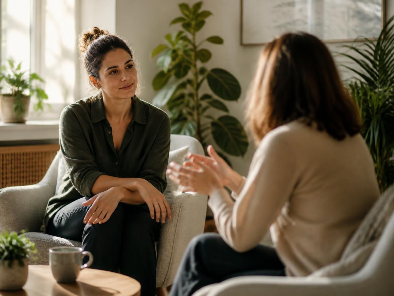A counselor listening attentively during a session in a sunlit room