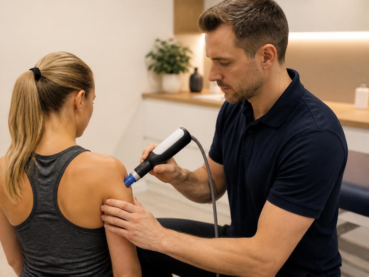 A clinician applying a shockwave therapy device to a patient's shoulder